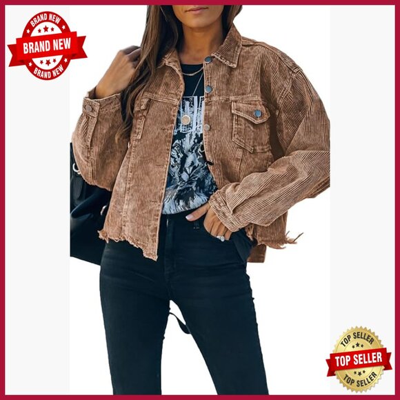 Jackets & Blazers - Cropped Corduroy Jacket Oversized Shacket Fringe Hem Casual Button Down